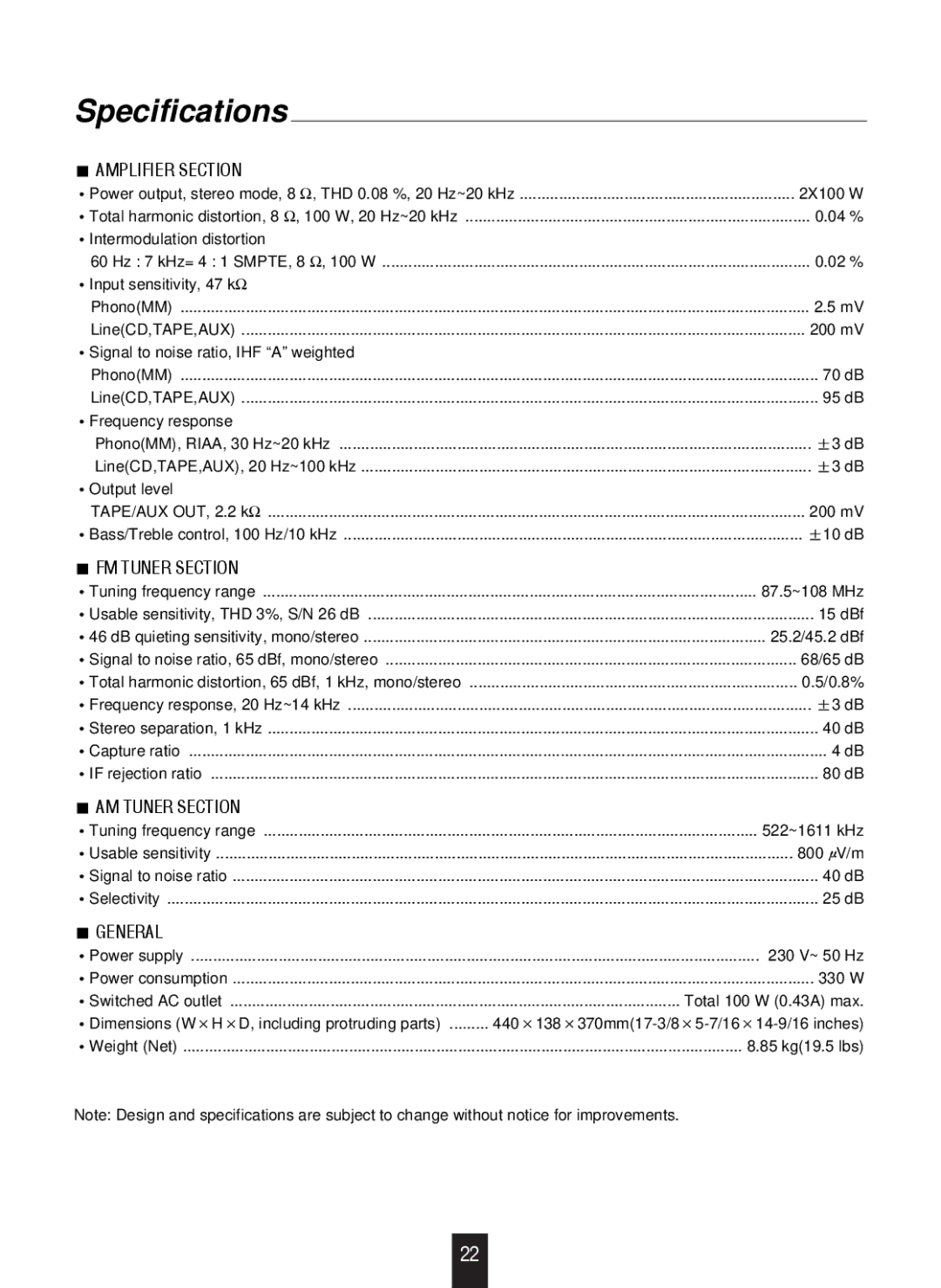 Sherwood RX-4109 manual Specifications, Amplifier Section 