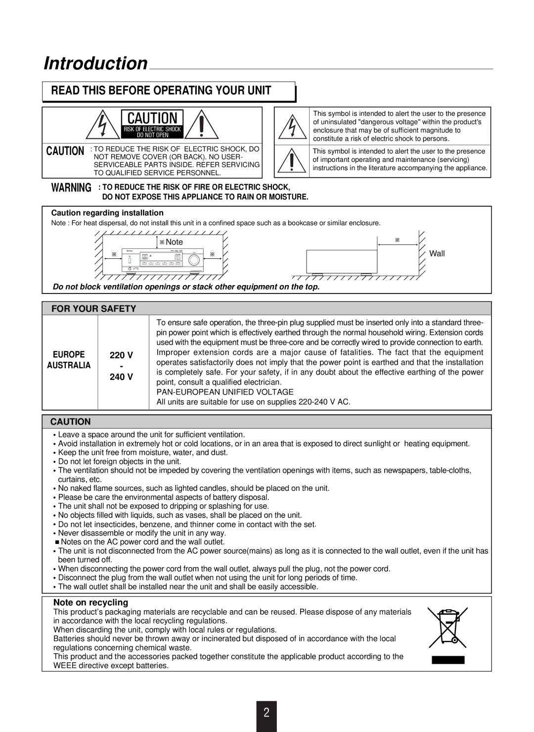 Sherwood RX-4109 manual Introduction, Read this Before Operating Your Unit 