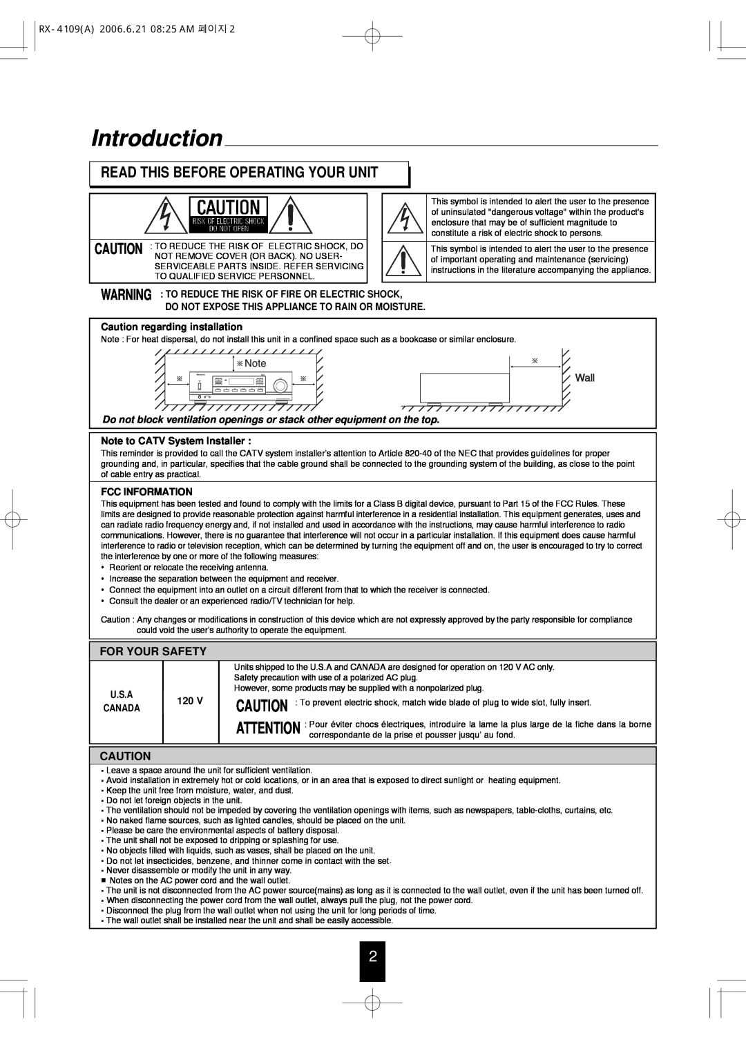 Sherwood manual Introduction, Read This Before Operating Your Unit, For Your Safety, RX-4109A 2006.6.21 0825 AM 페이지 