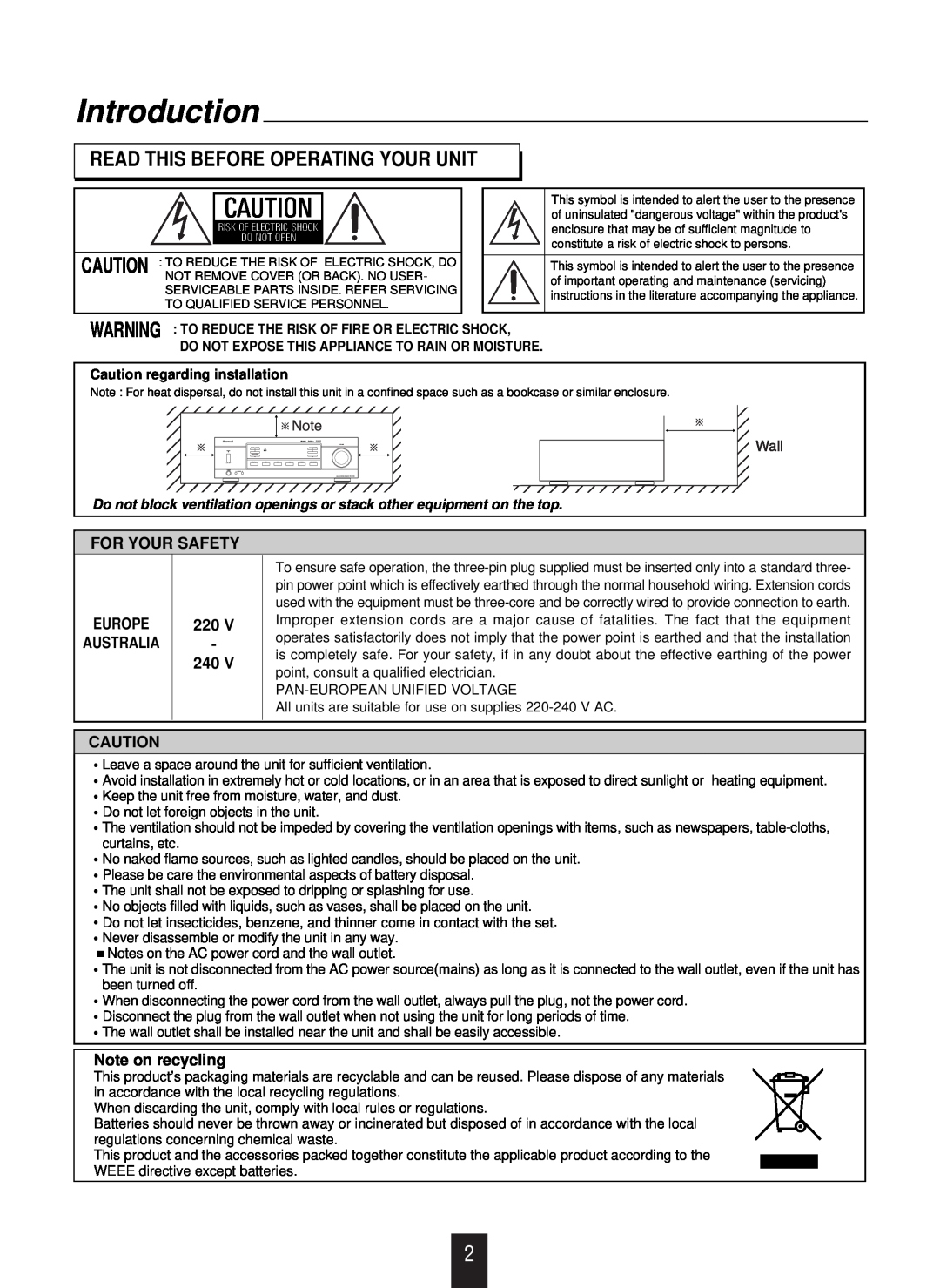 Sherwood RX-4109 manual Introduction, Read This Before Operating Your Unit, For Your Safety, Europe Australia, 220V 