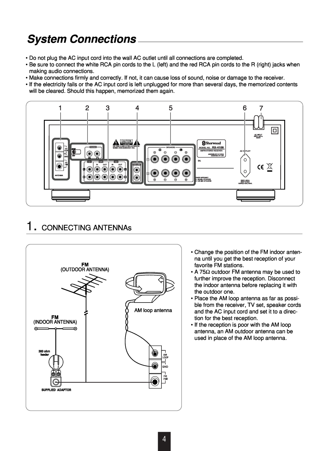 Sherwood RX-4109 manual System Connections, CONNECTING ANTENNAs 