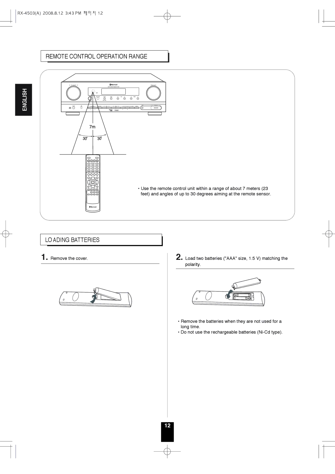 Sherwood RX-4503 operating instructions Remote Control Operation Range, Loading Batteries 