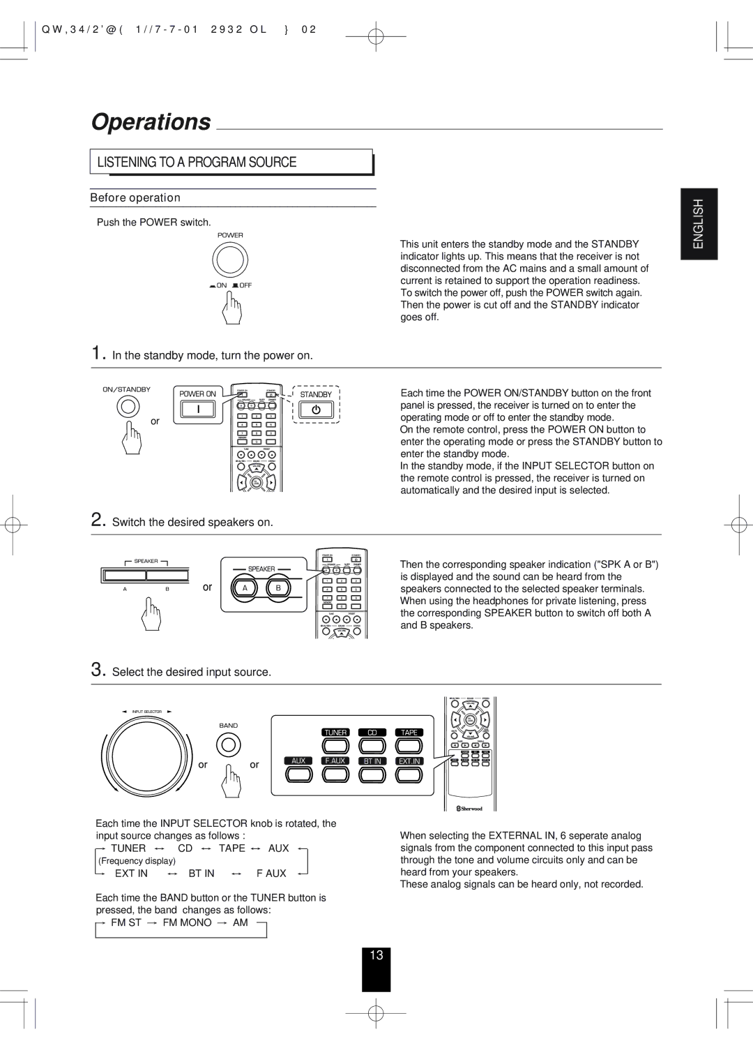 Sherwood RX-4503 operating instructions Operations, Listening to a Program Source, Before operation 