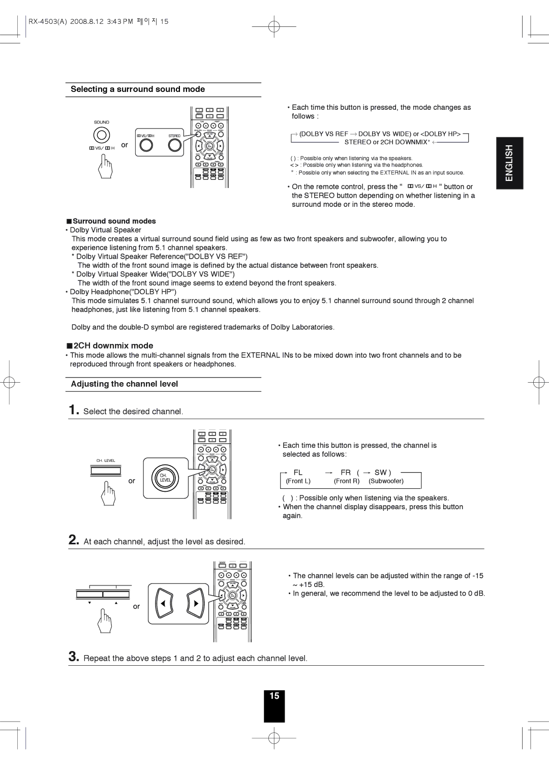 Sherwood RX-4503 operating instructions Selecting a surround sound mode, 2CH downmix mode, Adjusting the channel level 