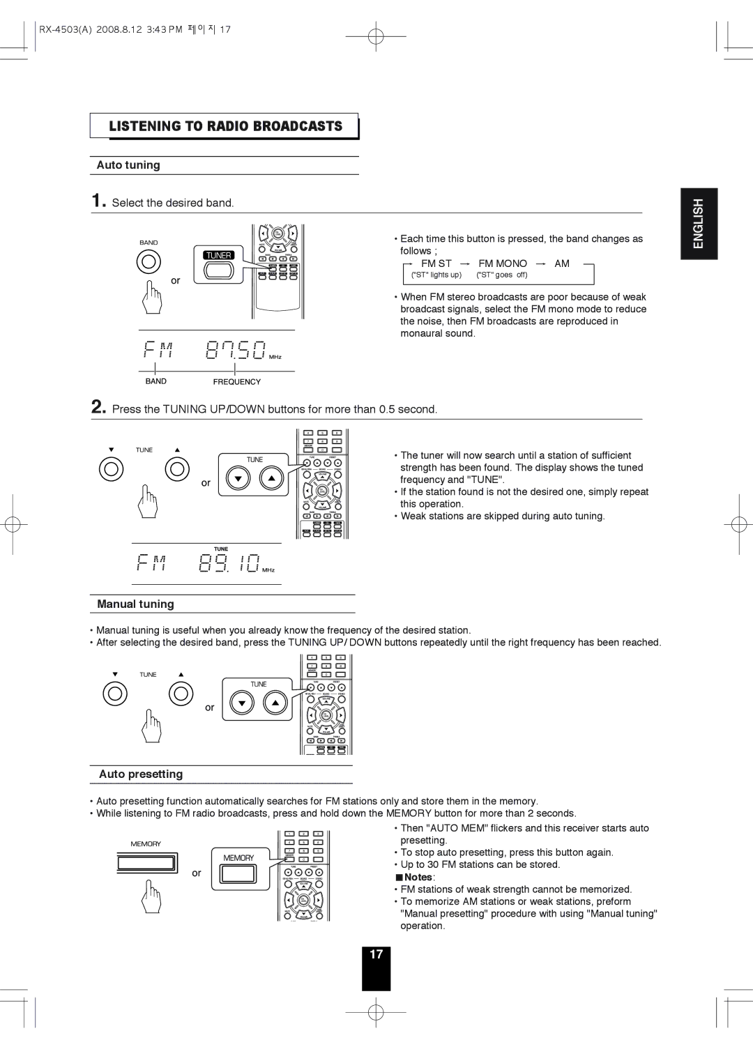 Sherwood RX-4503 operating instructions Listening to Radio Broadcasts, Auto tuning, Manual tuning, Auto presetting 