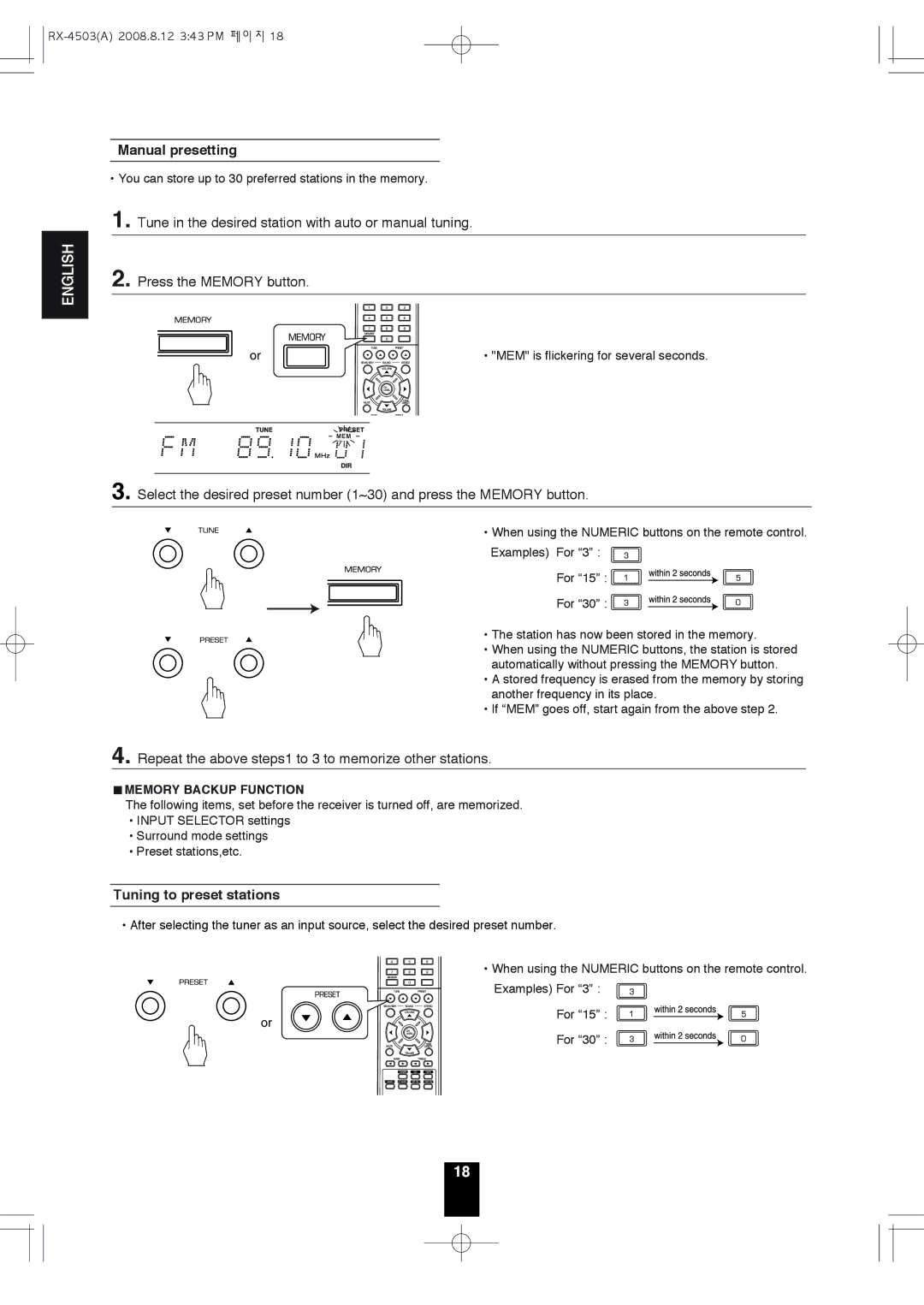 Sherwood RX-4503 Manual presetting, Repeat the above steps1 to 3 to memorize other stations, Tuning to preset stations 