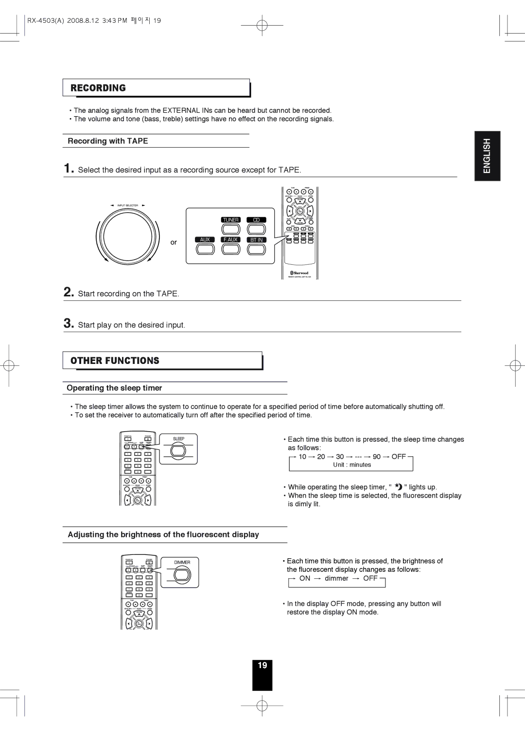 Sherwood RX-4503 operating instructions Other Functions, Recording with Tape, Operating the sleep timer 