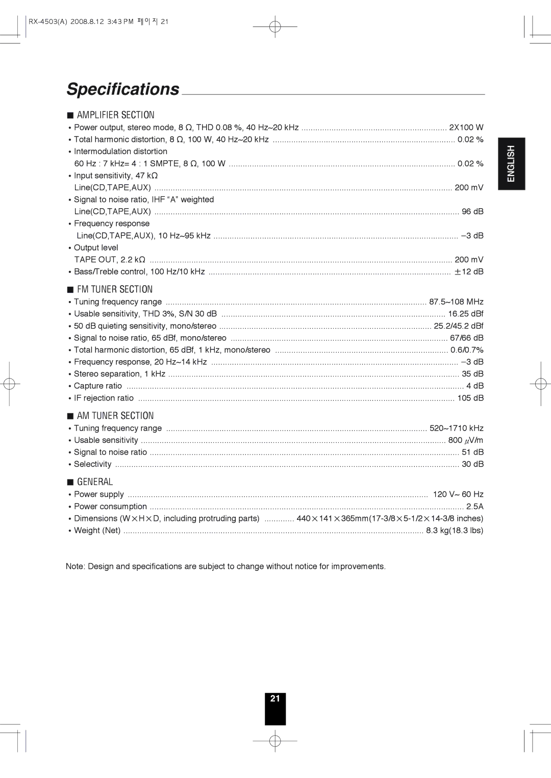 Sherwood RX-4503 operating instructions Specifications, Tuning frequency range, 120 V~ 60 Hz, Kg18.3 lbs 