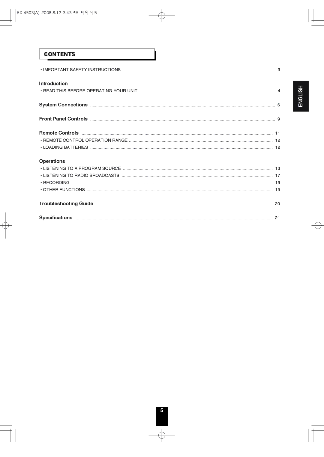 Sherwood RX-4503 operating instructions Contents 