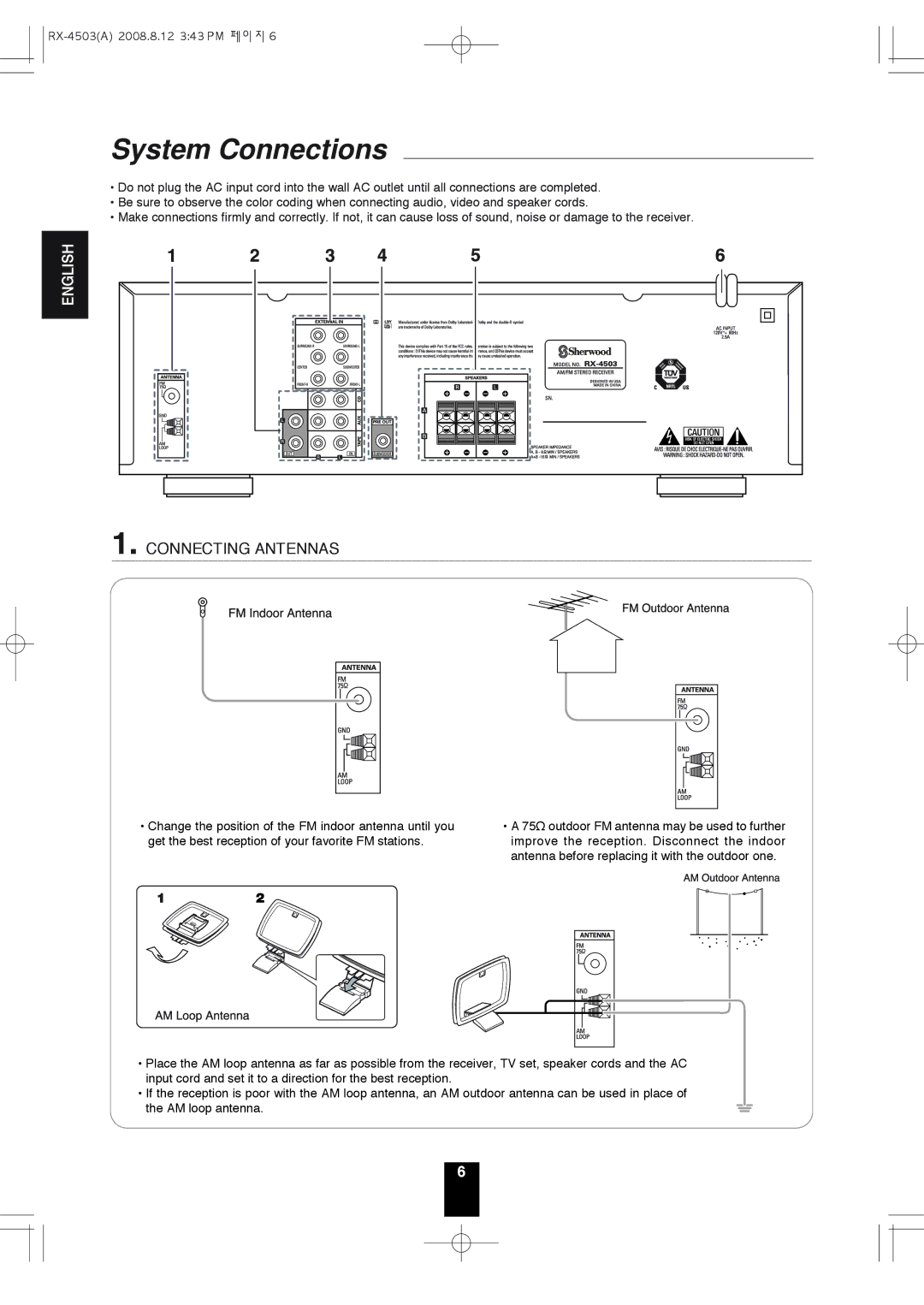 Sherwood RX-4503 operating instructions System Connections, Connecting Antennas 