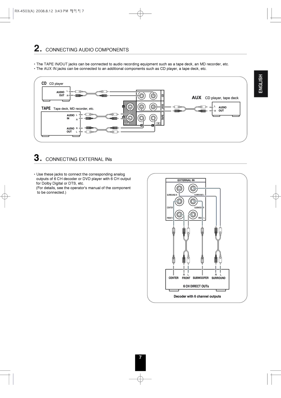 Sherwood RX-4503 operating instructions Connecting Audio Components 