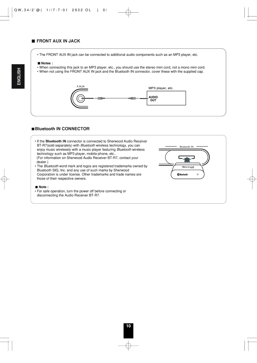 Sherwood RX-4503 operating instructions Front AUX in Jack 