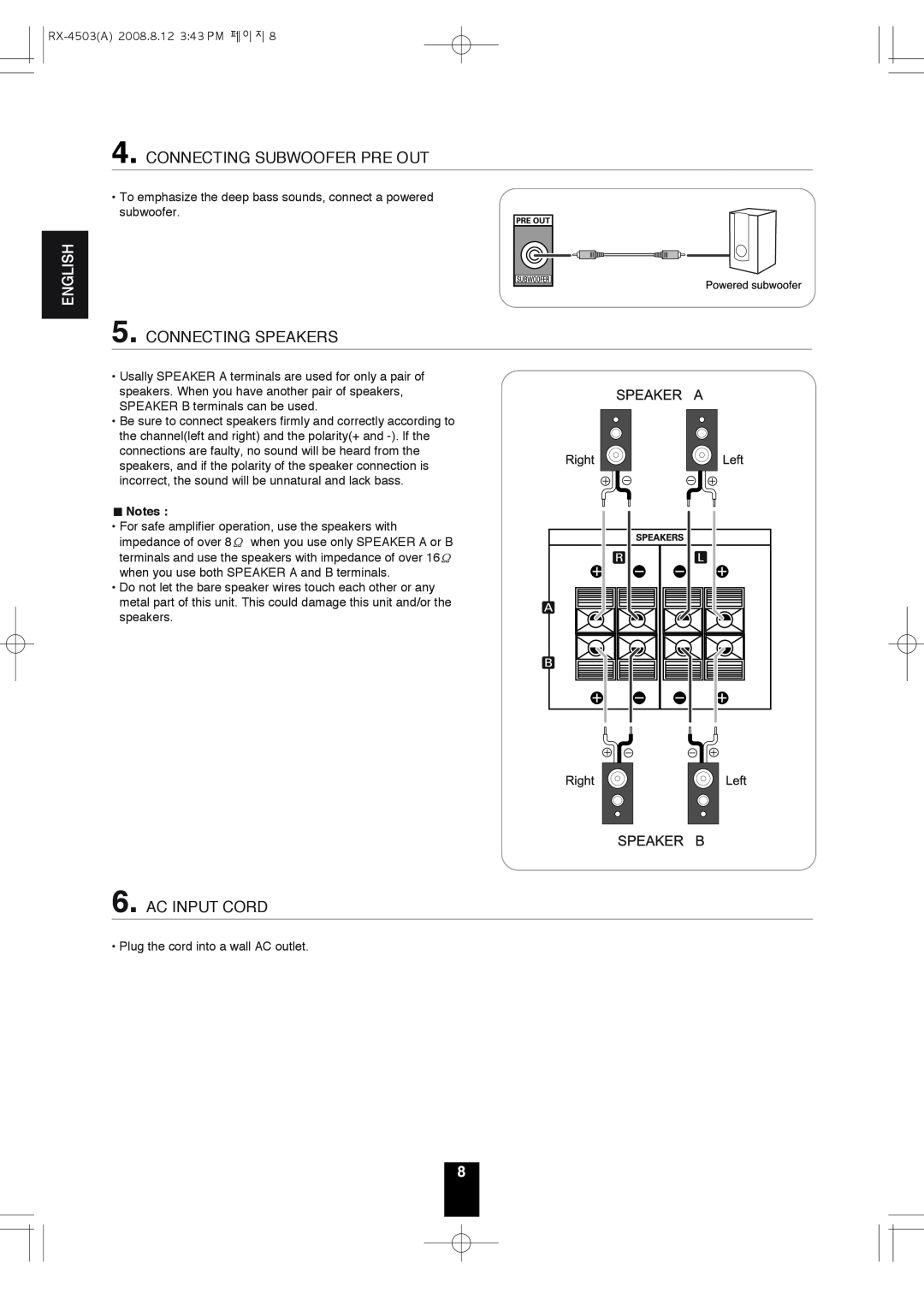 Sherwood RX-4503 operating instructions Connecting Subwoofer Pre Out, Connecting Speakers, Ac Input Cord, English 
