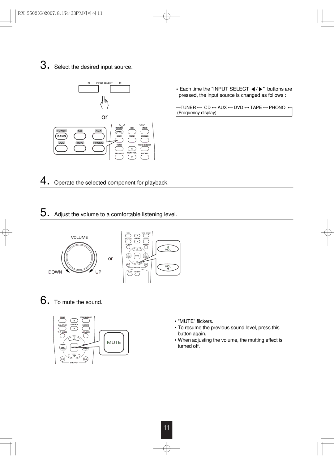 Sherwood RX-5502 manual Select the desired input source 