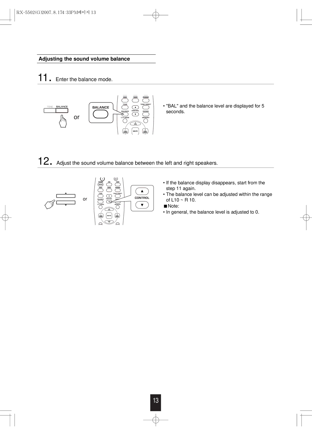 Sherwood RX-5502 manual Adjusting the sound volume balance, Enter the balance mode 