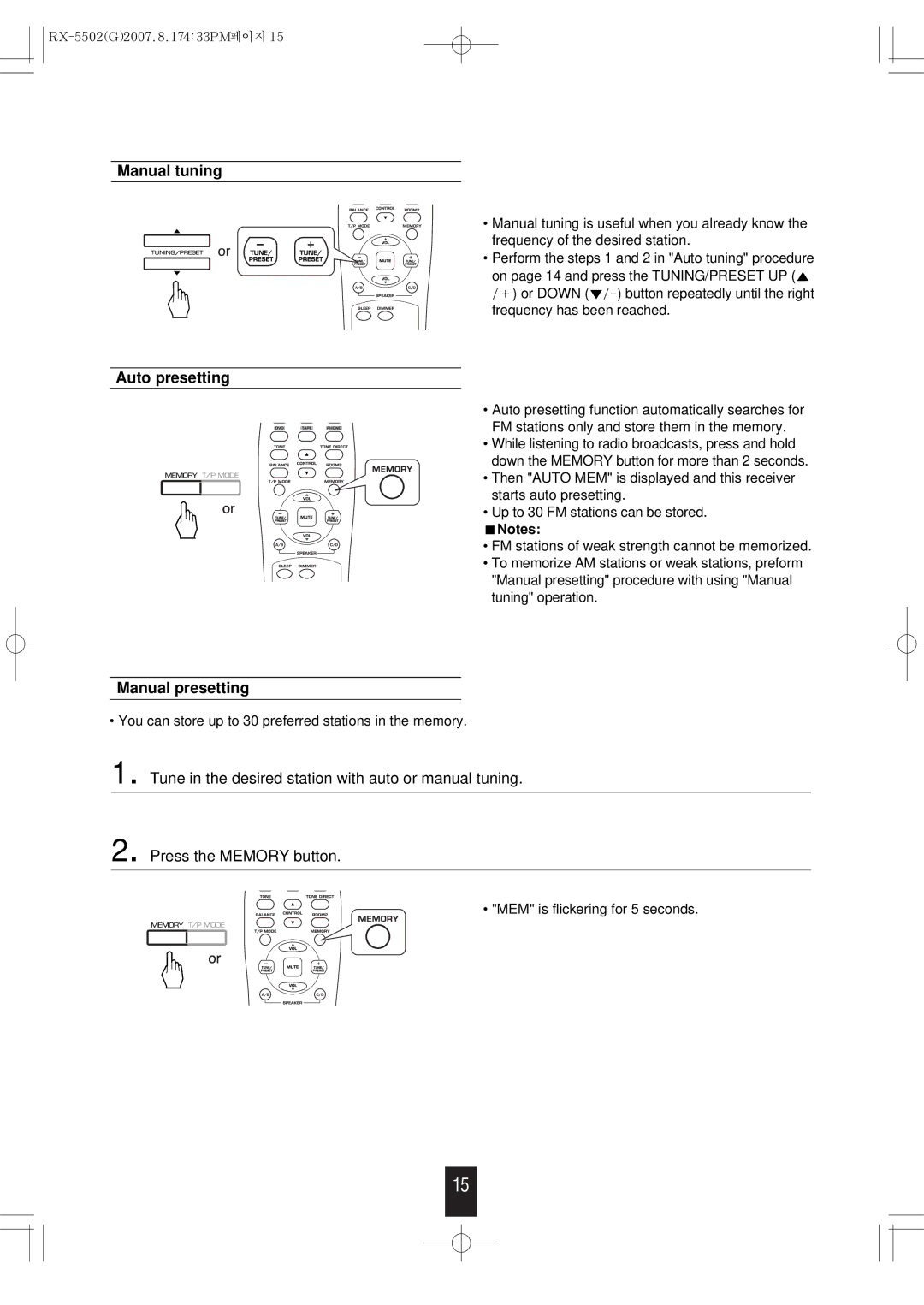 Sherwood RX-5502 manual Manual tuning Auto presetting, Manual presetting 