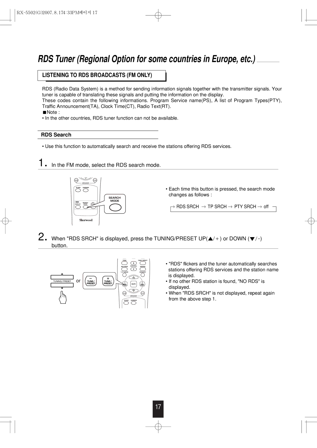 Sherwood RX-5502 manual RDS Search, FM mode, select the RDS search mode 