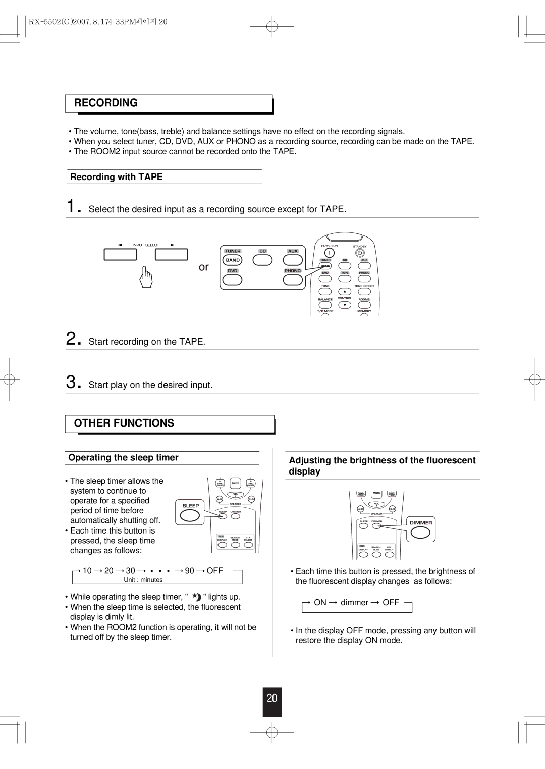 Sherwood RX-5502 manual Other Functions, Recording with Tape, Operating the sleep timer 