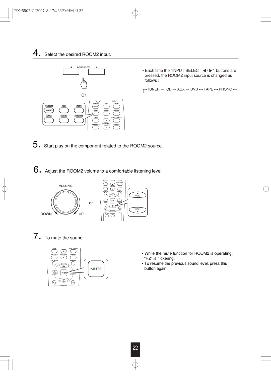 Sherwood RX-5502 manual Select the desired ROOM2 input 