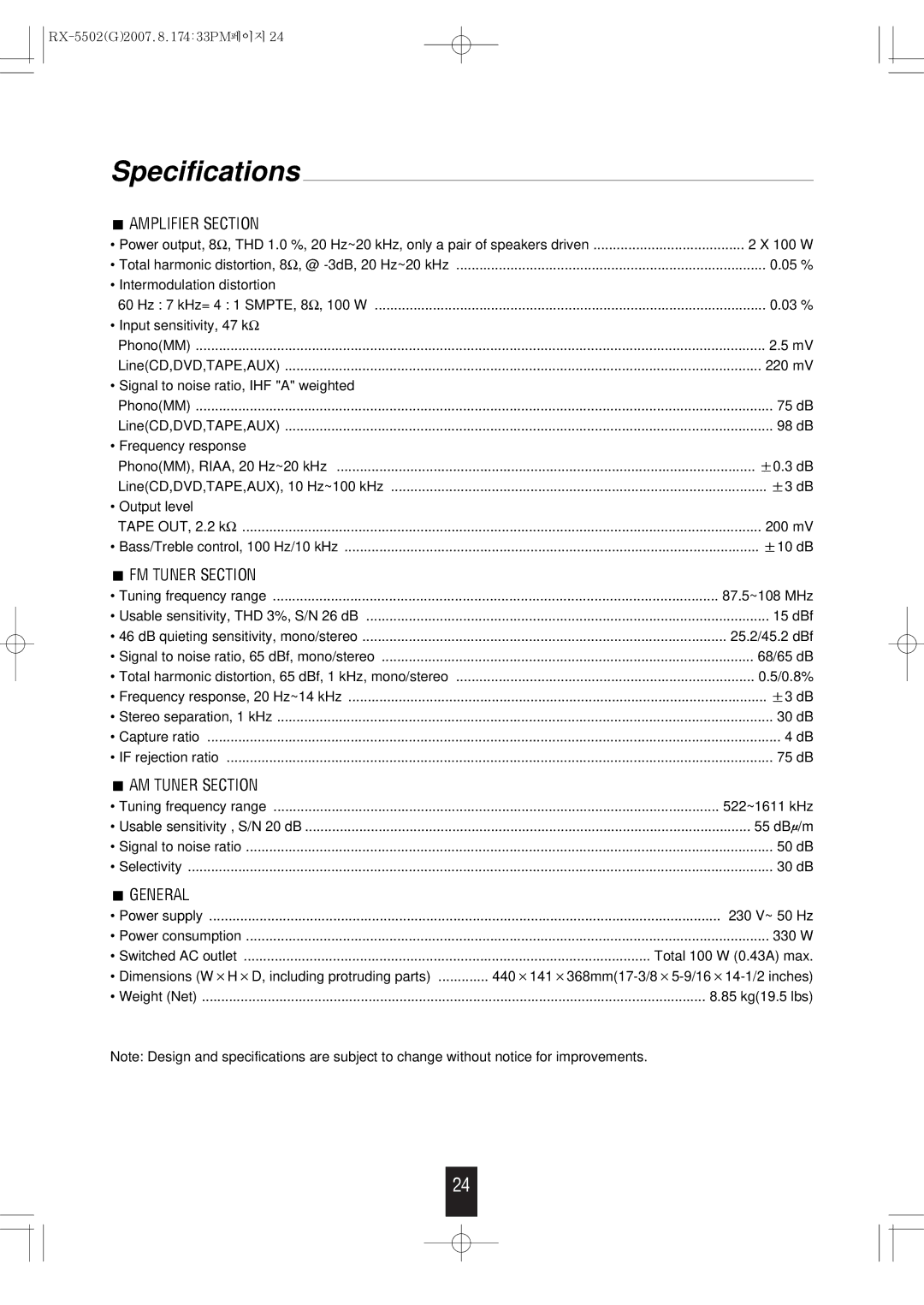 Sherwood RX-5502 manual Specifications, Amplifier Section 