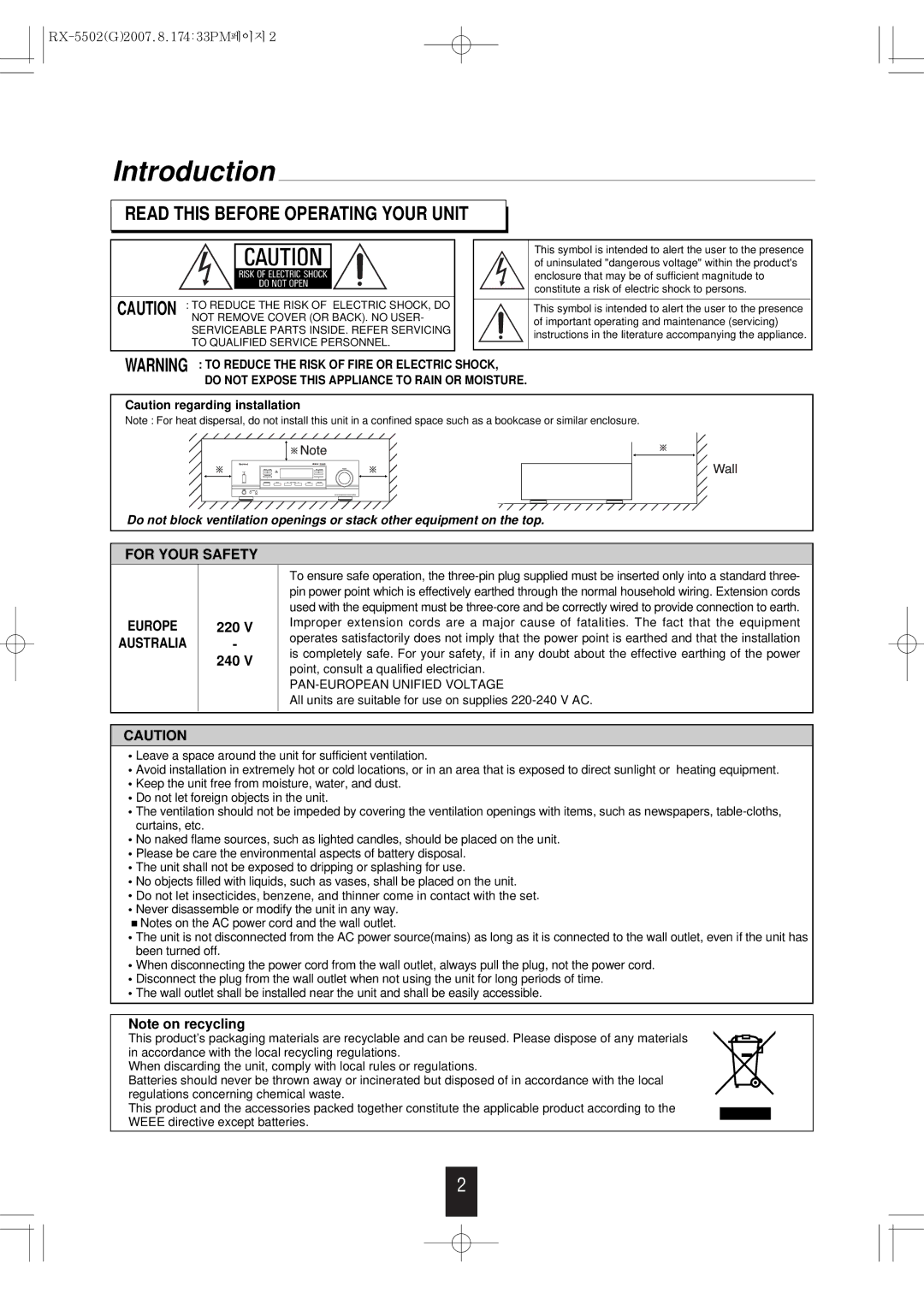 Sherwood RX-5502 manual Introduction, Read this Before Operating Your Unit 