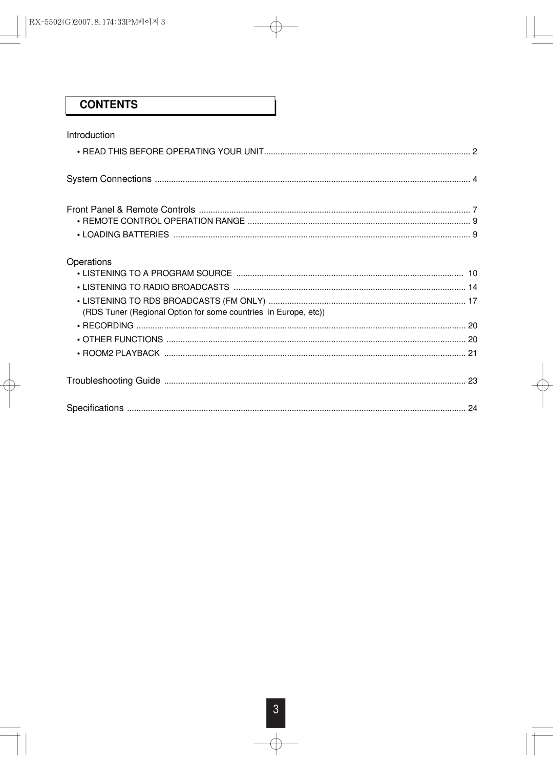 Sherwood RX-5502 manual Contents 