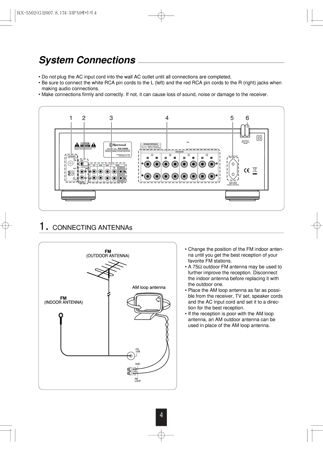 Sherwood RX-5502 manual System Connections, Connecting ANTENNAs 