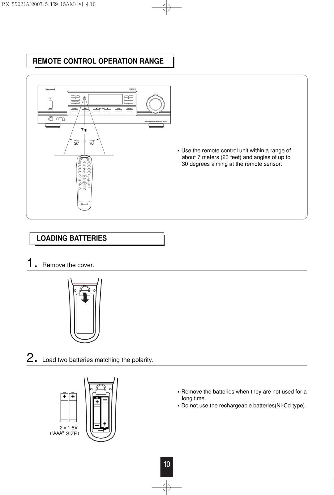 Sherwood RX-5502 manual Remote Control Operation Range Loading Batteries, Remove the cover 