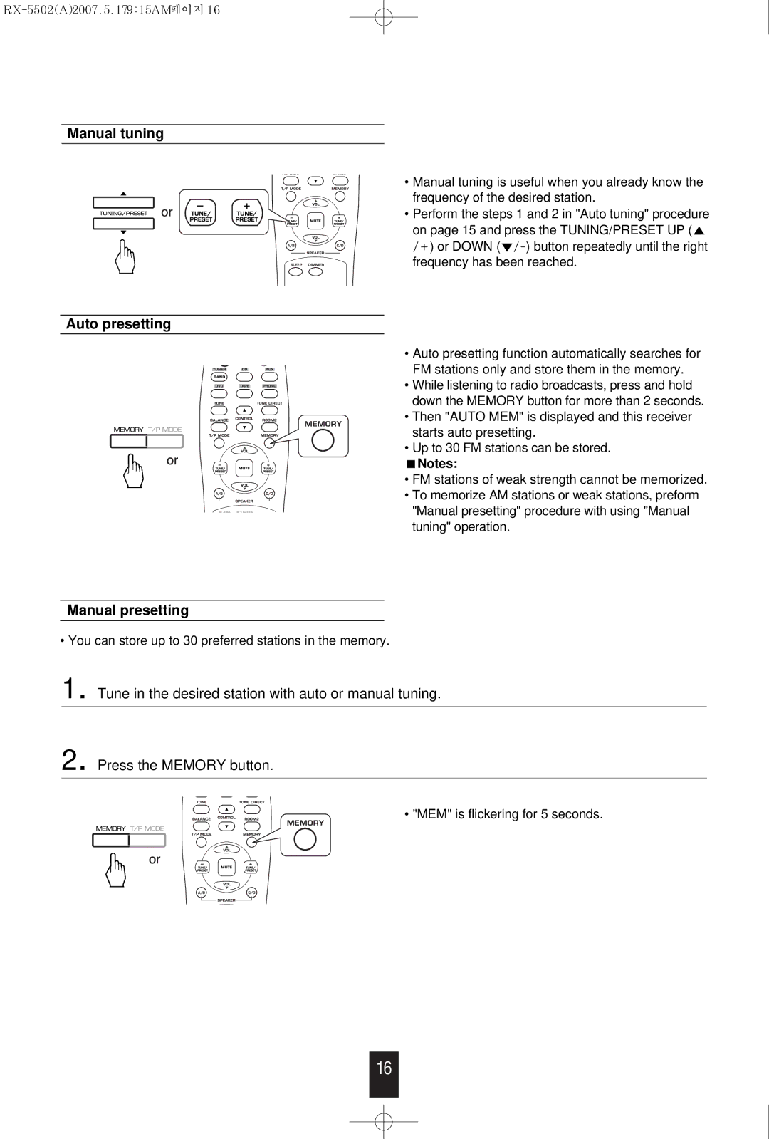 Sherwood RX-5502 manual Manual tuning Auto presetting, Manual presetting 