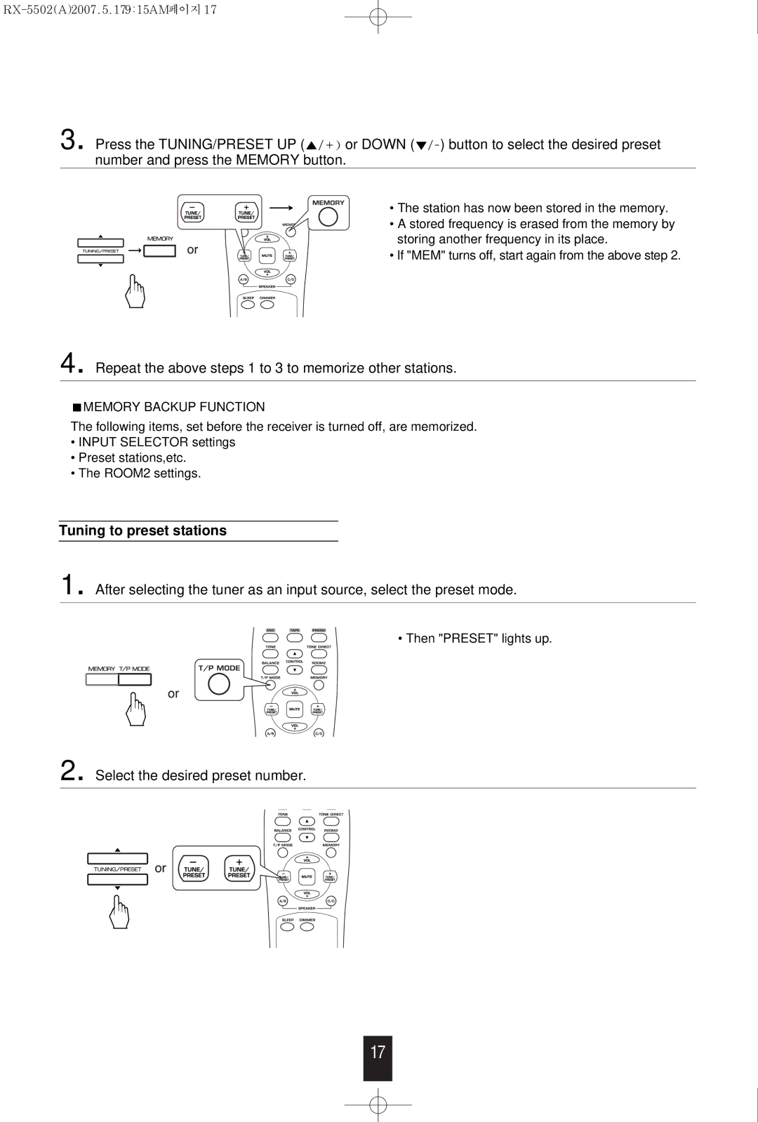 Sherwood RX-5502 manual Repeat the above steps 1 to 3 to memorize other stations, Tuning to preset stations 