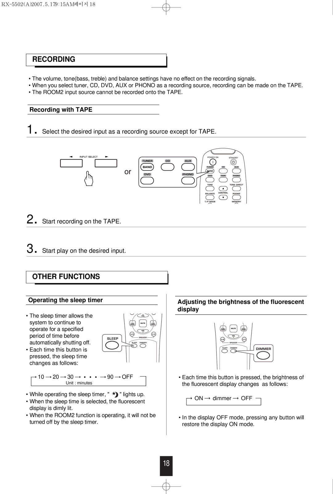 Sherwood RX-5502 manual Other Functions, Recording with Tape, Operating the sleep timer 