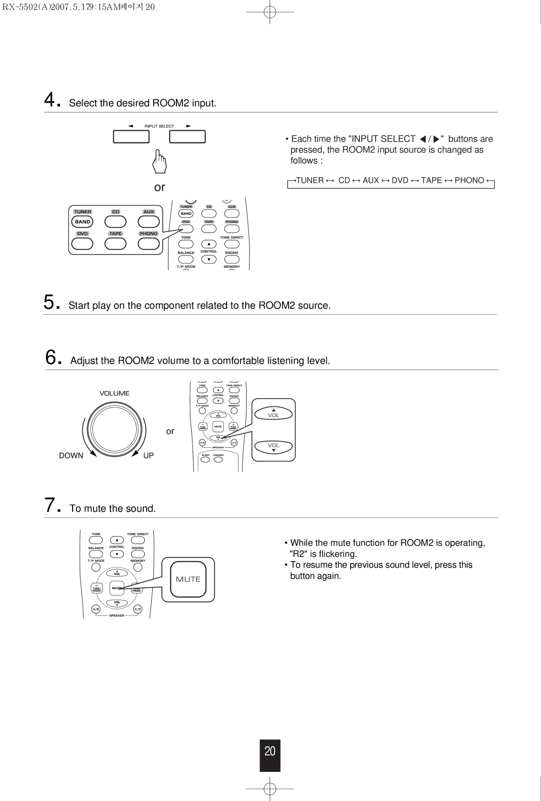 Sherwood RX-5502 manual Select the desired ROOM2 input 