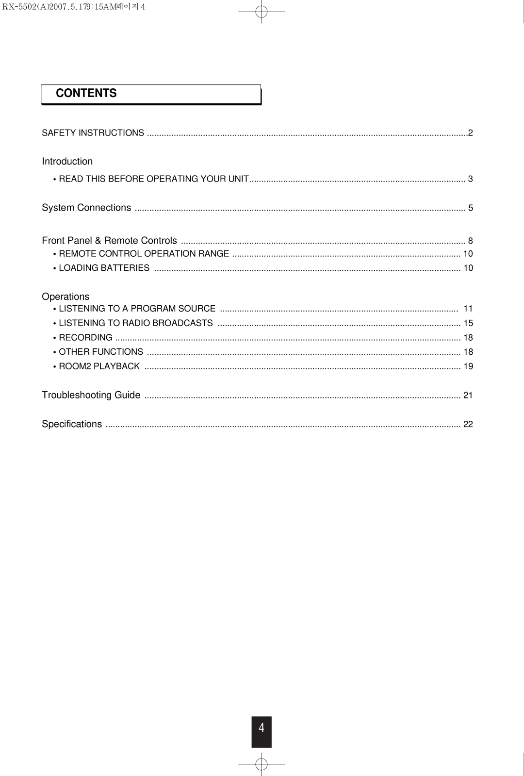 Sherwood RX-5502 manual Contents 