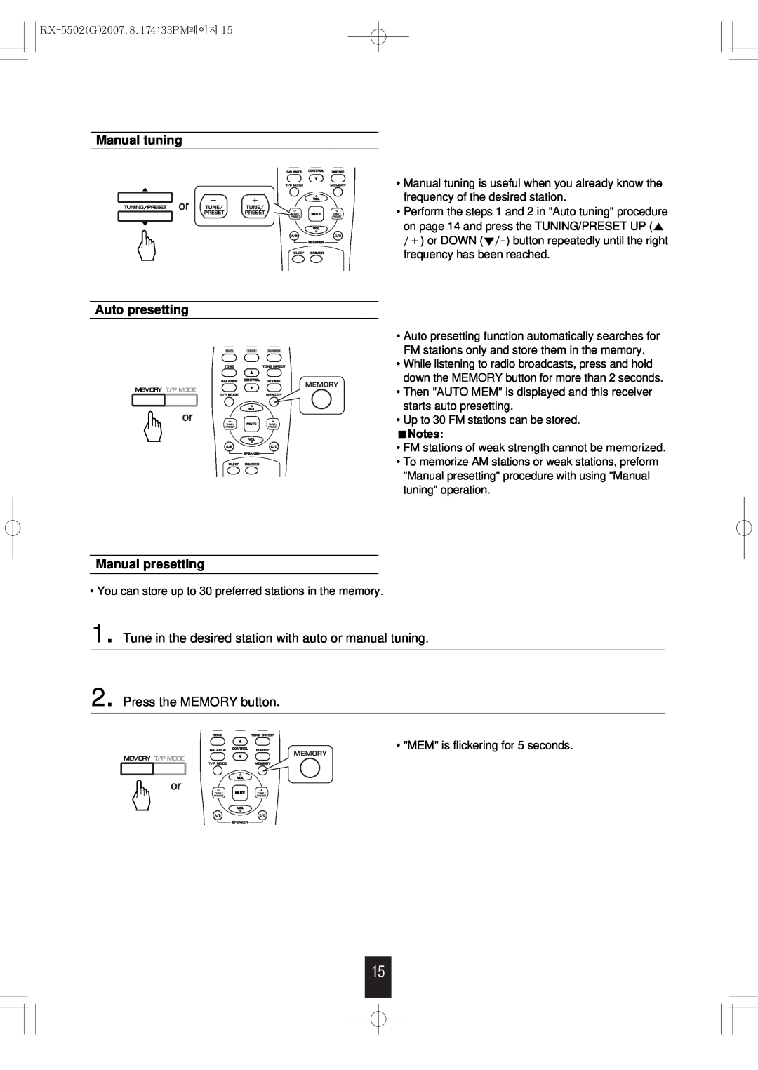 Sherwood RX-5502 manual Manual tuning Auto presetting, Manual presetting, Press the MEMORY button 