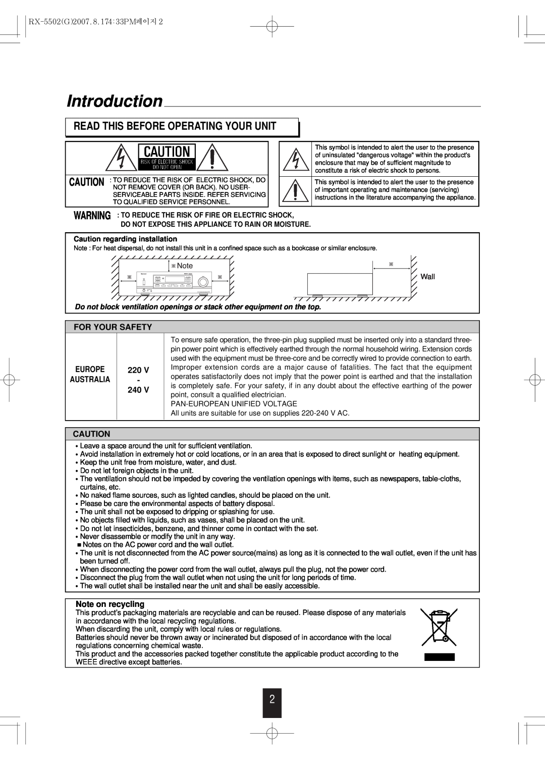Sherwood RX-5502 manual Introduction, Read This Before Operating Your Unit, For Your Safety, Europe Australia, 220V 