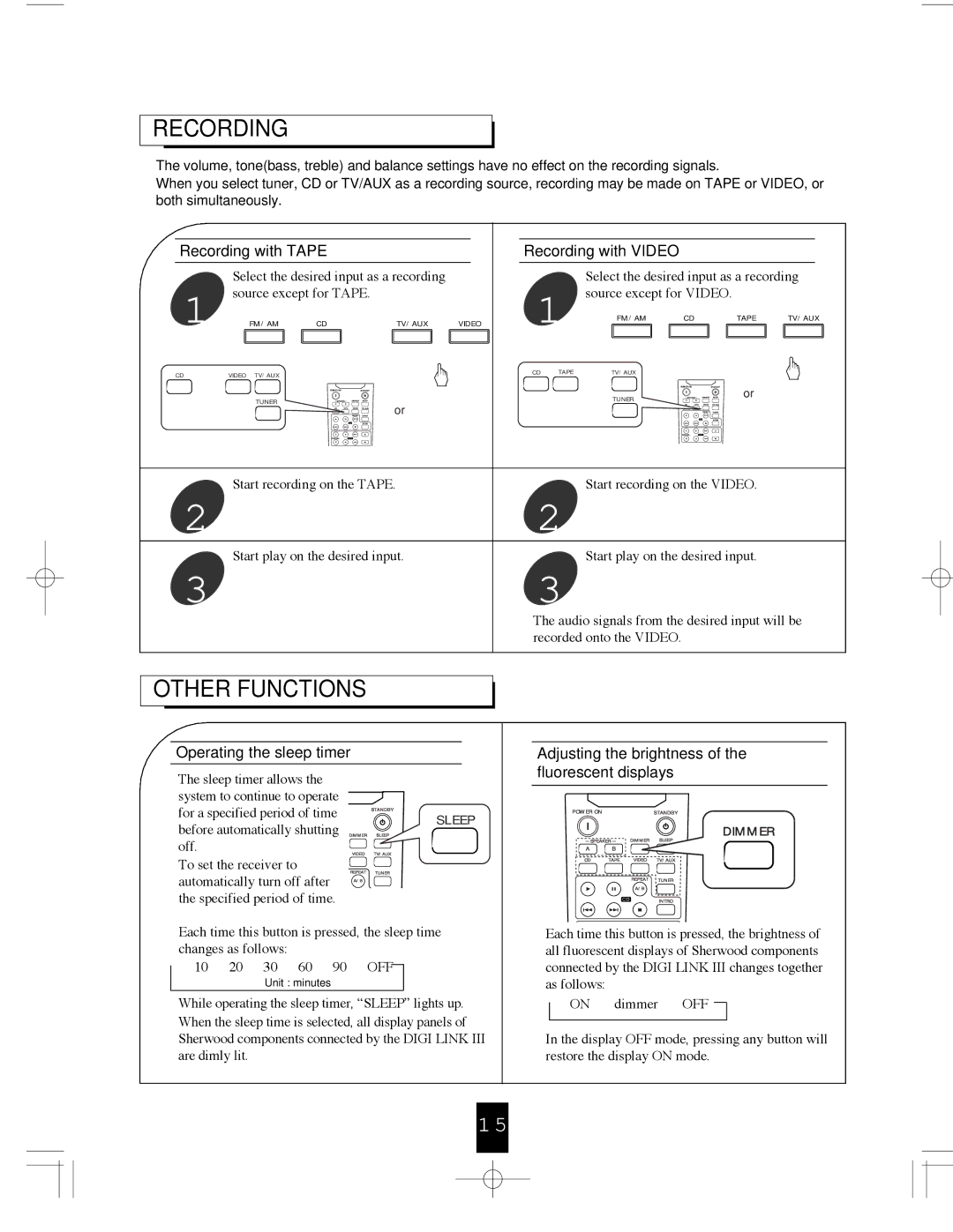 Sherwood RX-765 operating instructions Recording, Other Functions 