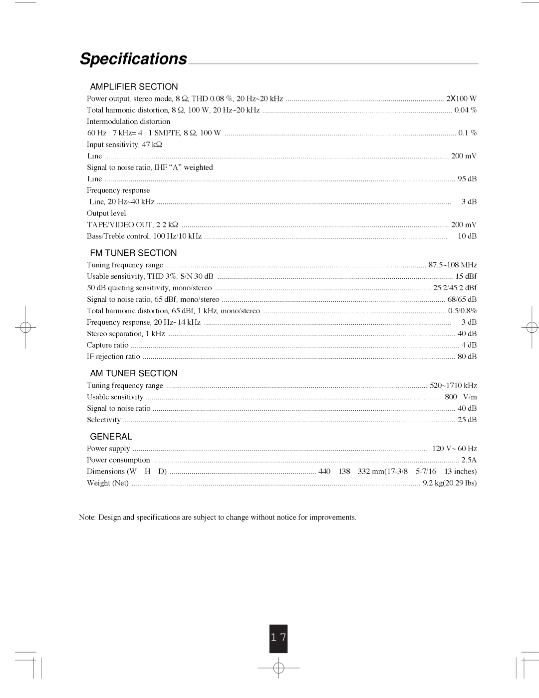 Sherwood RX-765 operating instructions Specifications, Amplifier Section 