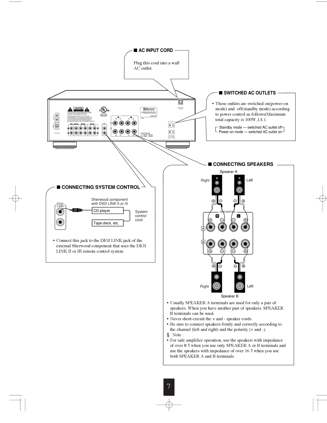 Sherwood RX-765 operating instructions AC Input Cord, Switched AC Outlets, Connecting System Control, Connecting Speakers 