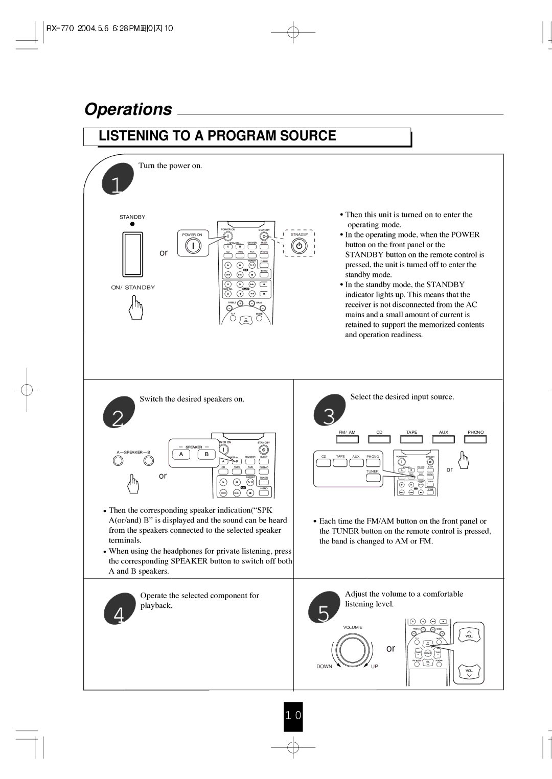 Sherwood RX-770 manual Operations, Listening to a Program Source 