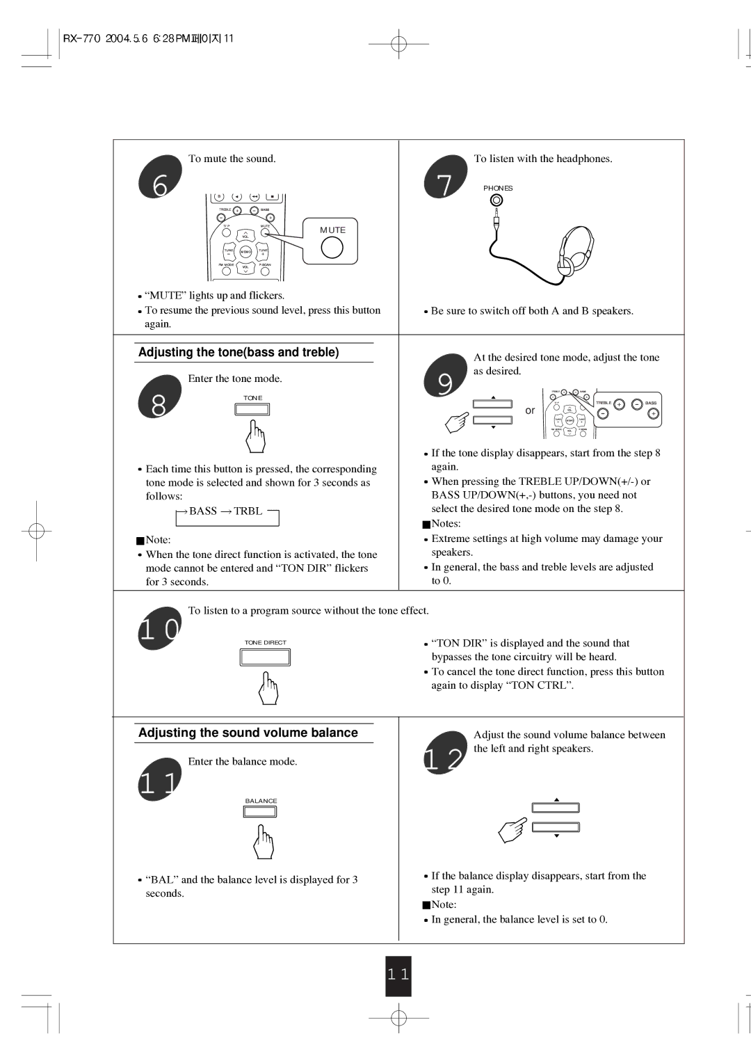 Sherwood RX-770 manual Adjusting the sound volume balance 