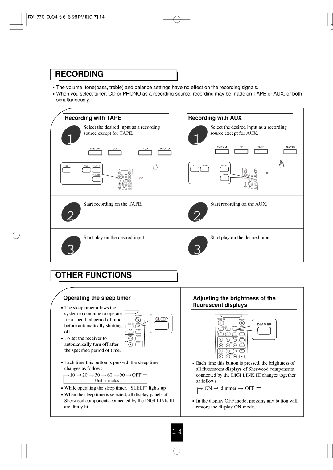 Sherwood RX-770 manual Recording, Other Functions 