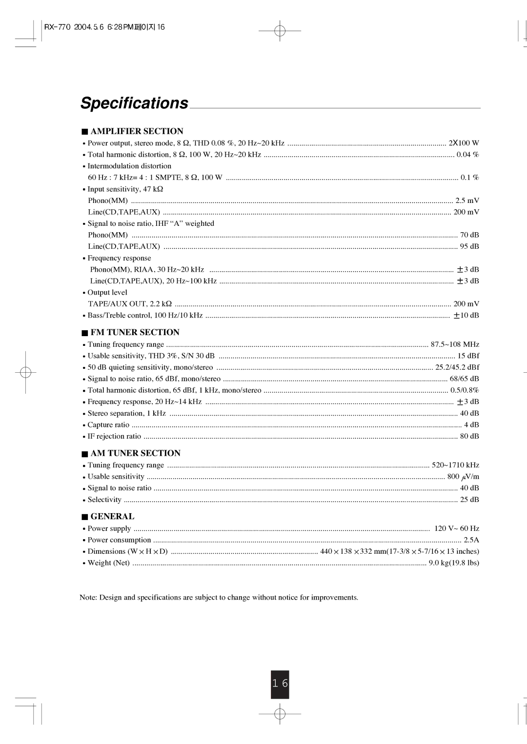 Sherwood RX-770 manual Specifications, Amplifier Section 