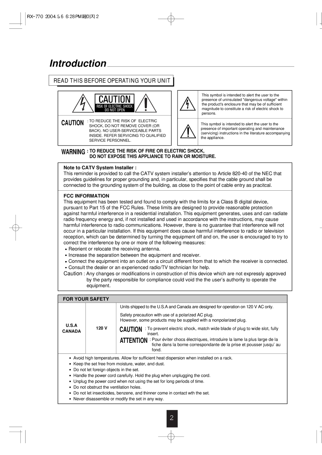 Sherwood RX-770 manual Introduction, Read this Before Operating Your Unit 