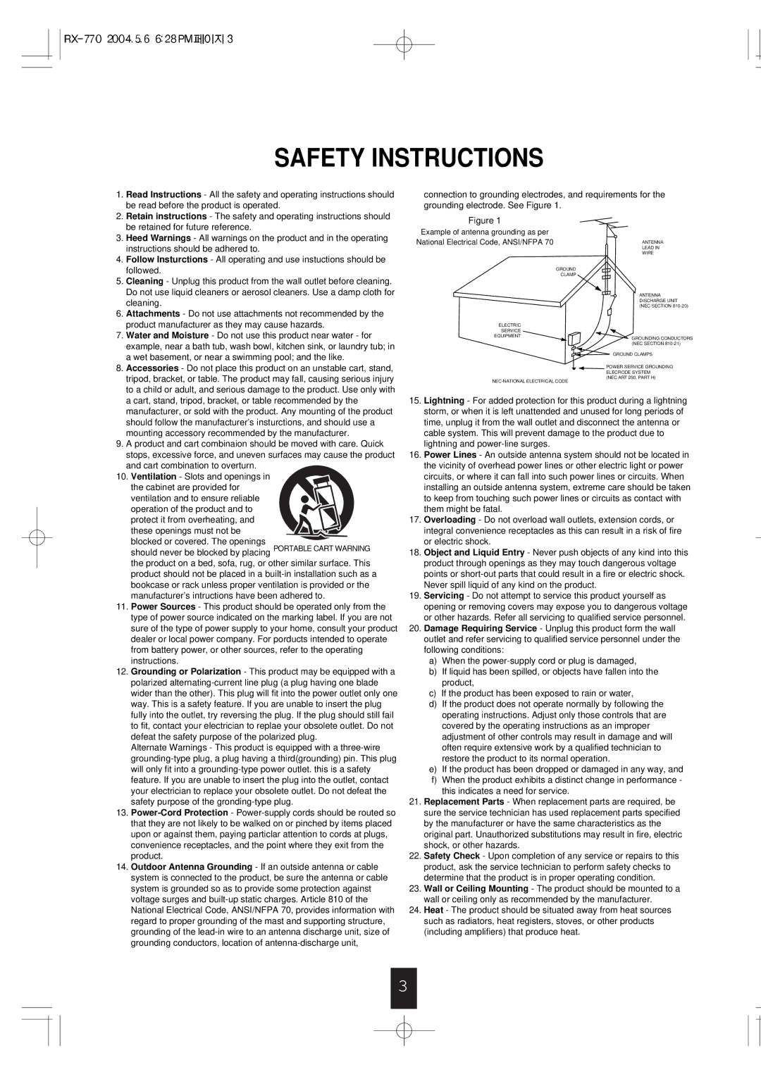 Sherwood RX-770 manual Safety Instructions 