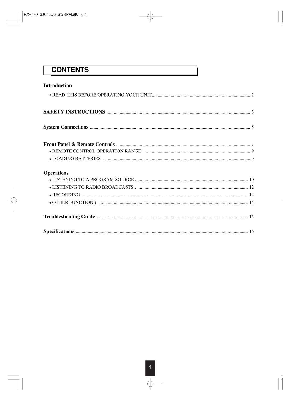 Sherwood RX-770 manual Contents 