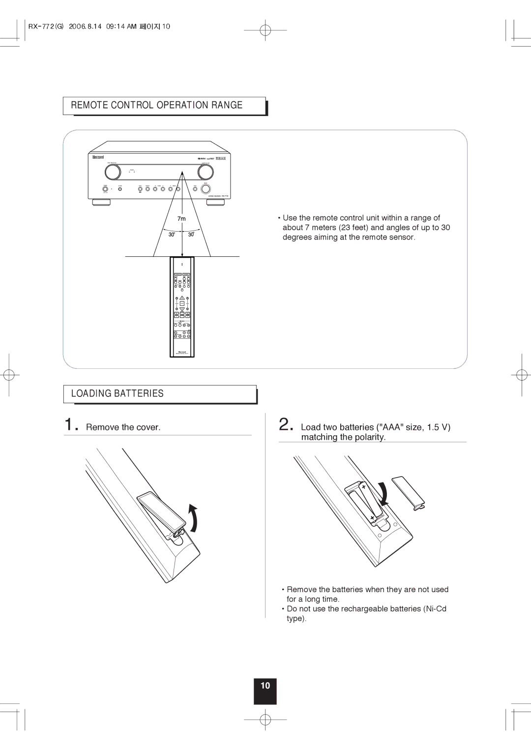 Sherwood RX-772 manual Remove the cover, Load two batteries AAA size, 1.5 V matching the polarity 
