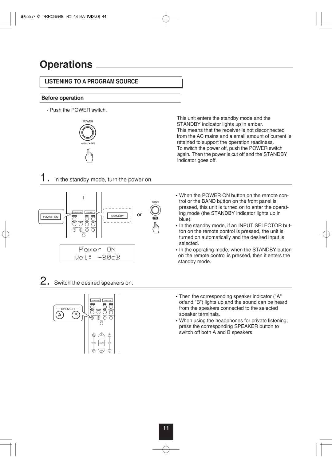 Sherwood RX-772 manual Operations, Listening to a Program Source, Before operation, Standby mode, turn the power on 