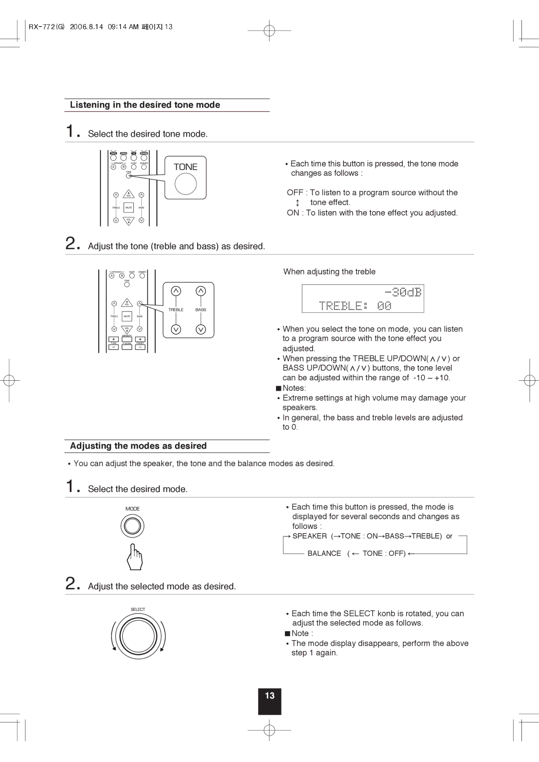 Sherwood RX-772 manual Listening in the desired tone mode, Adjusting the modes as desired 