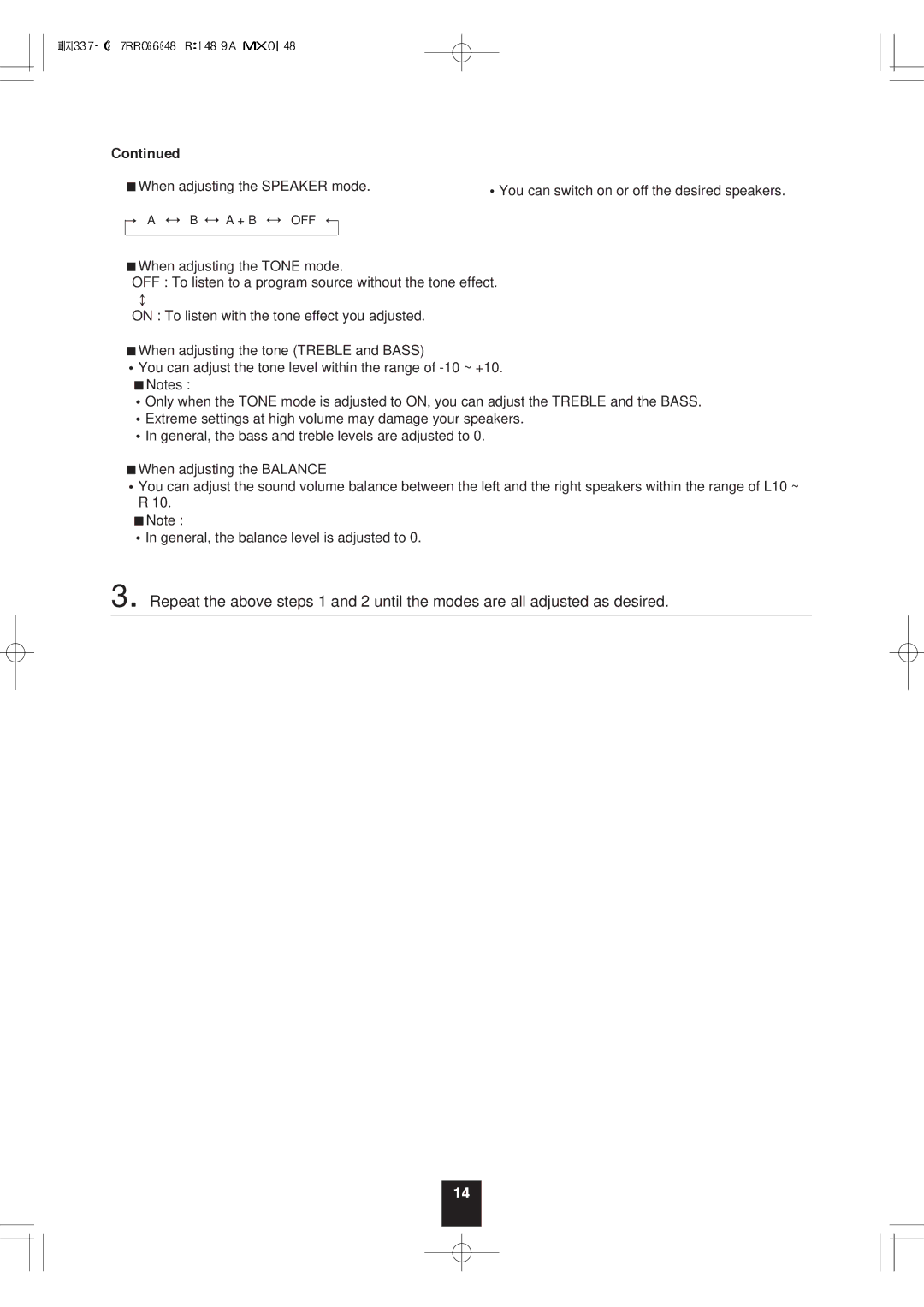 Sherwood RX-772 manual When adjusting the Speaker mode 