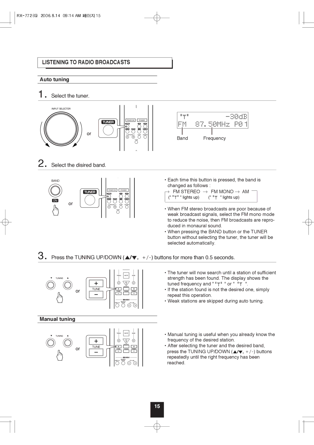 Sherwood RX-772 manual Listening to Radio Broadcasts, Auto tuning, Select the tuner, Select the disired band, Manual tuning 